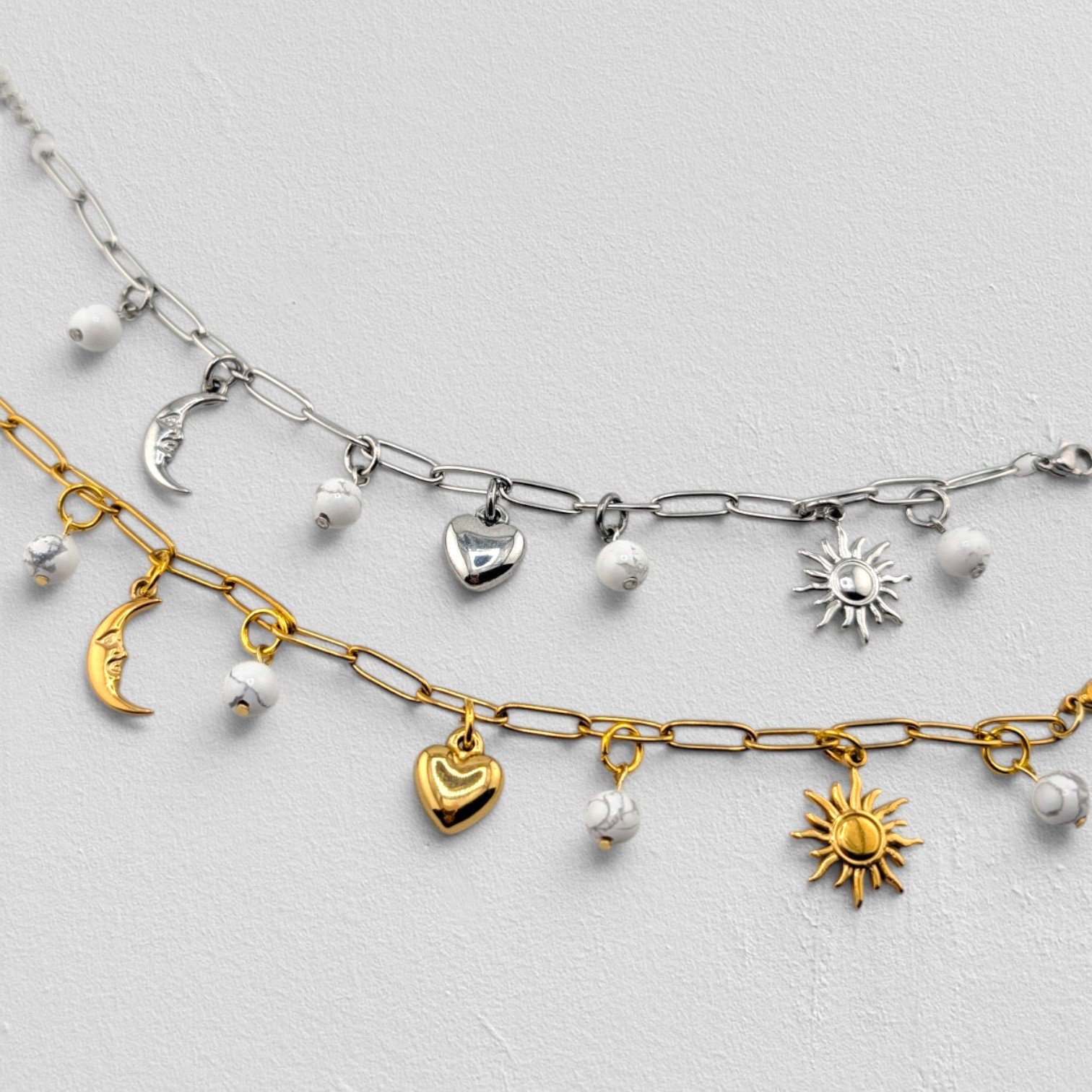 Sun & Moon Stainless Steel Charm Bracelet - Gold or Silver