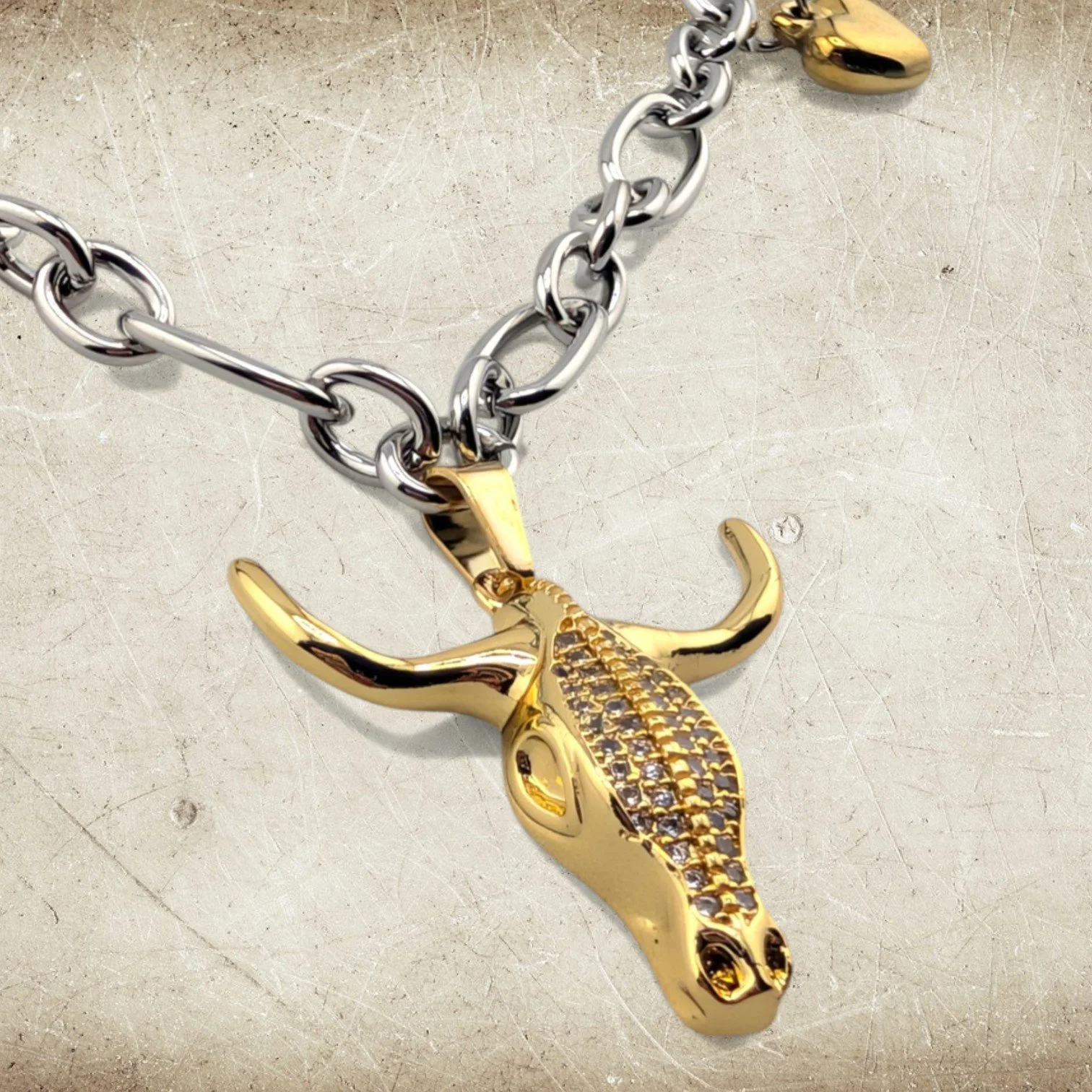 Rhinestone Bull Skull Two-Tone Figaro Statement Necklace