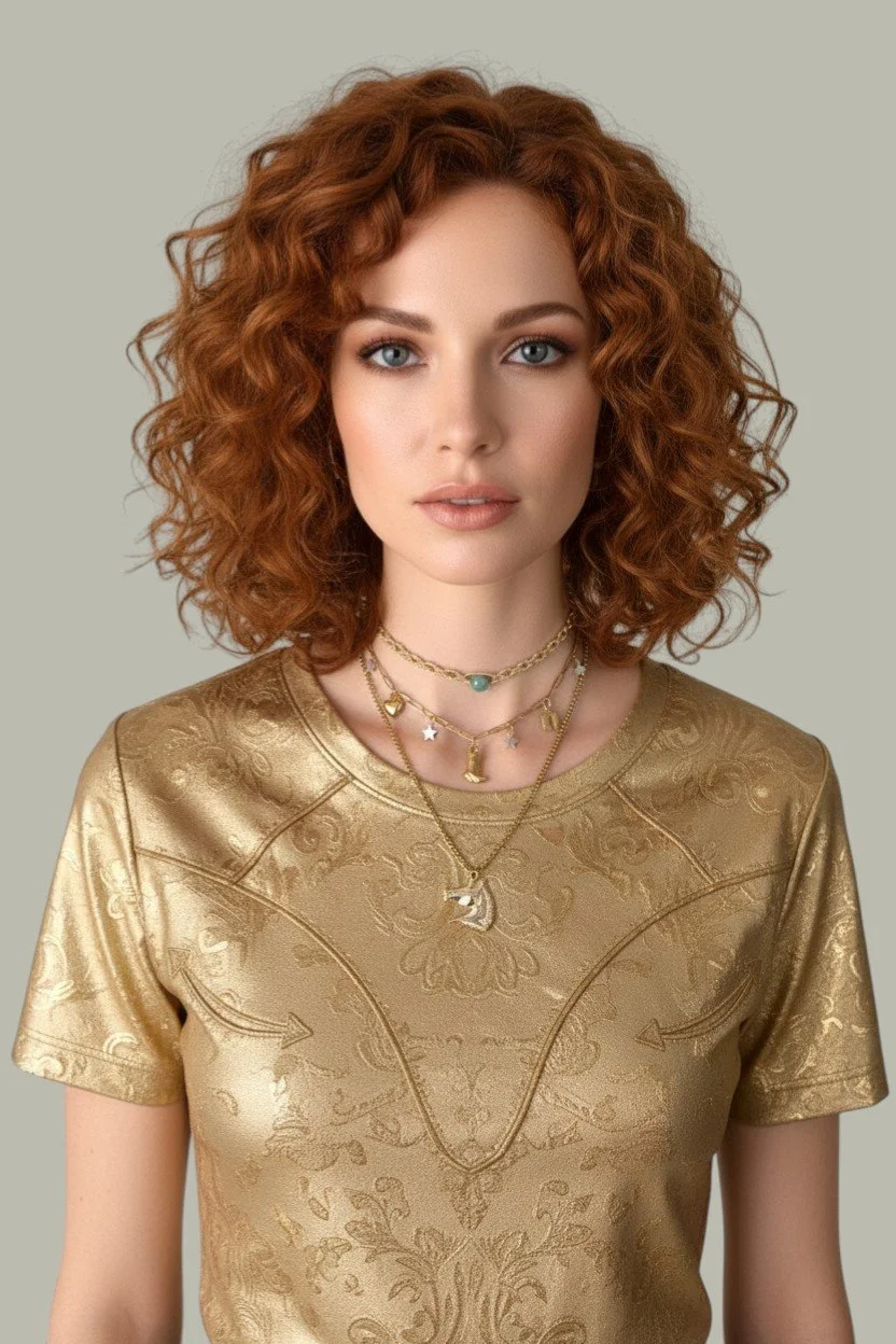 Curly red haired model wearing cowboy boot stainless steel charm necklace with aventurine macrame choker and horse head necklace, western styling