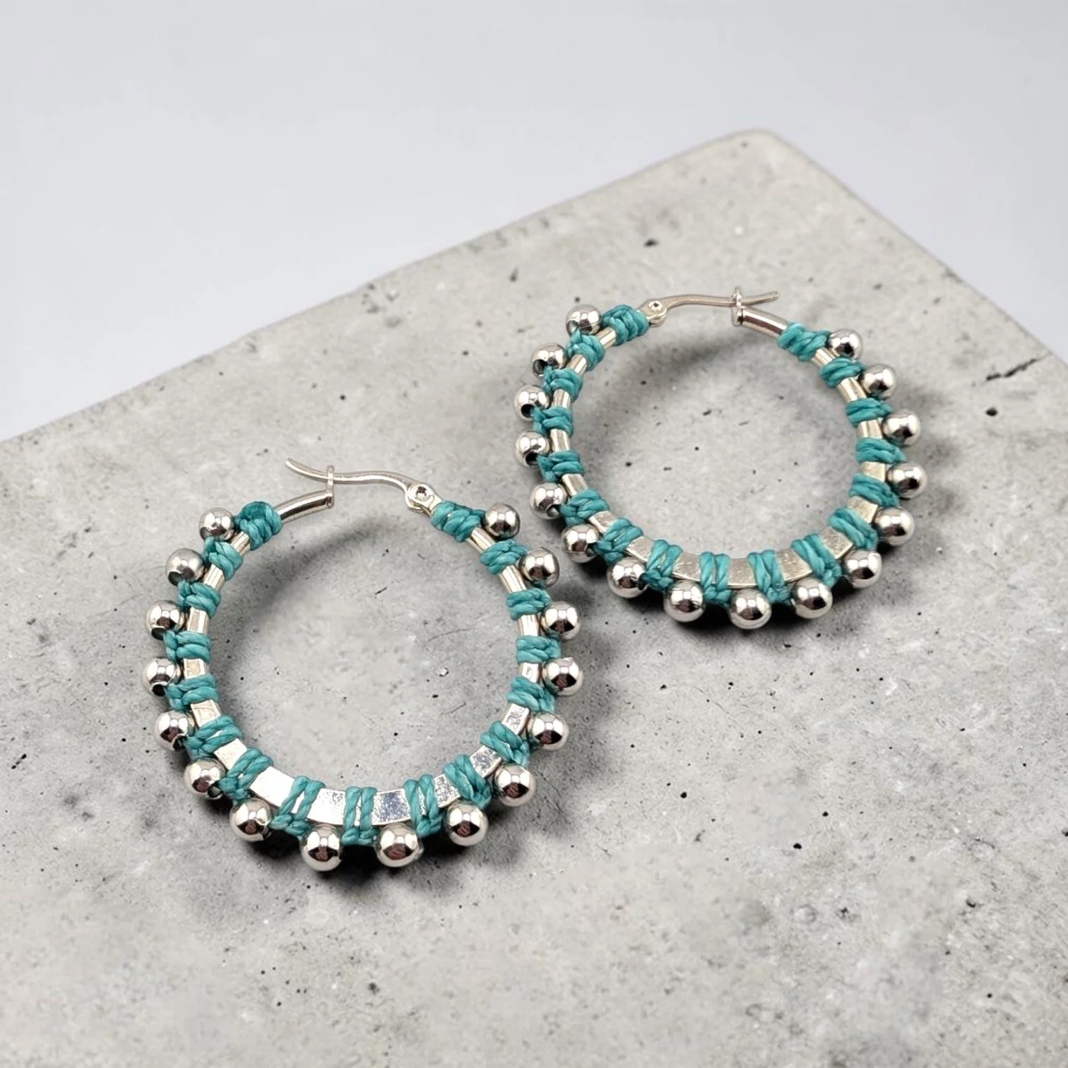 Prairie Sky Turquoise Beaded Hoop Earrings - Silver