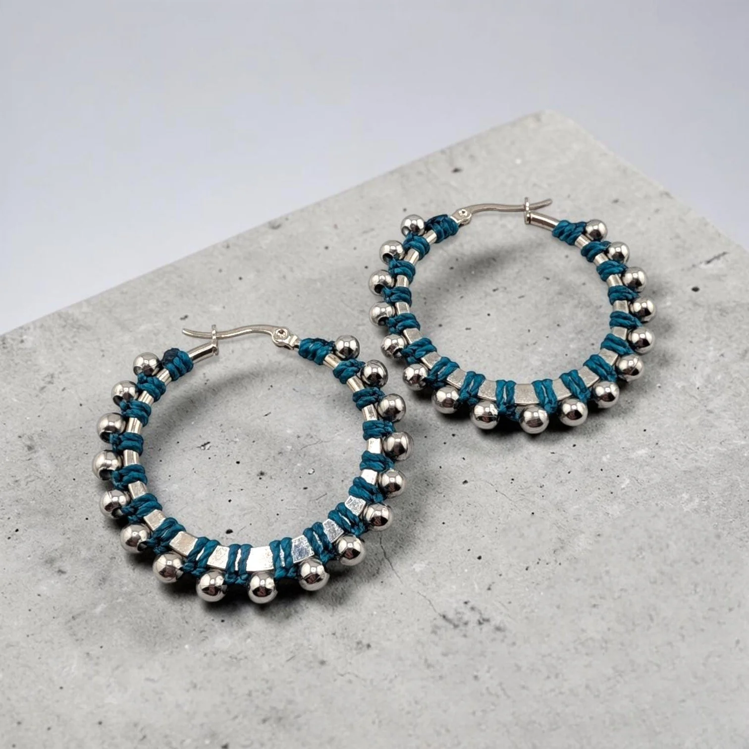 Deepwater Teal Beaded Hoop Earrings - Silver