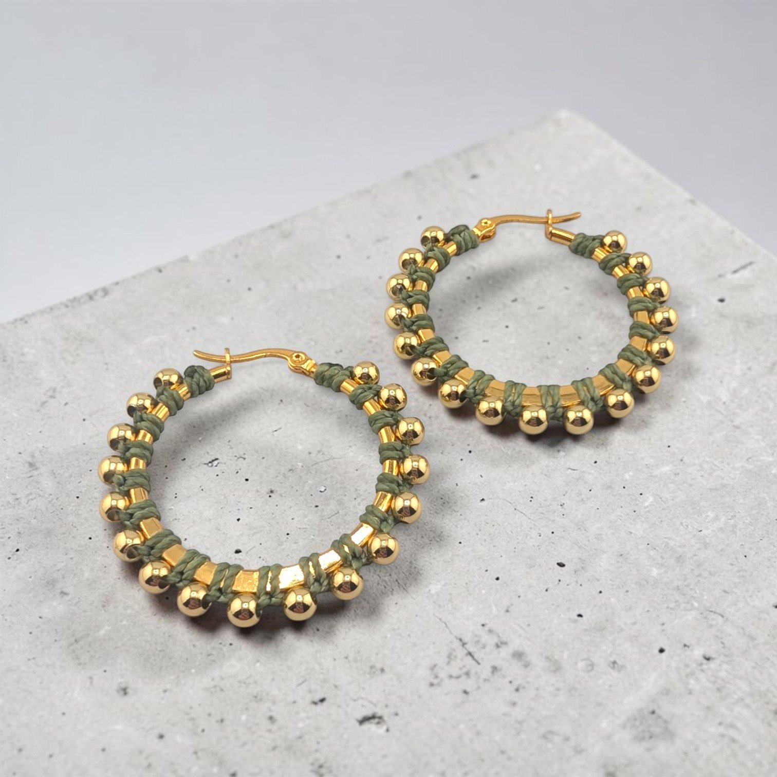 Morning Moss Green Beaded Hoop Earrings - Gold