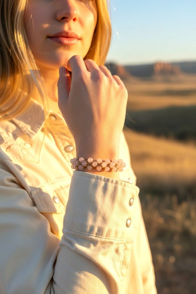 young woman showing a macramé rose quartz bracelet on her armc