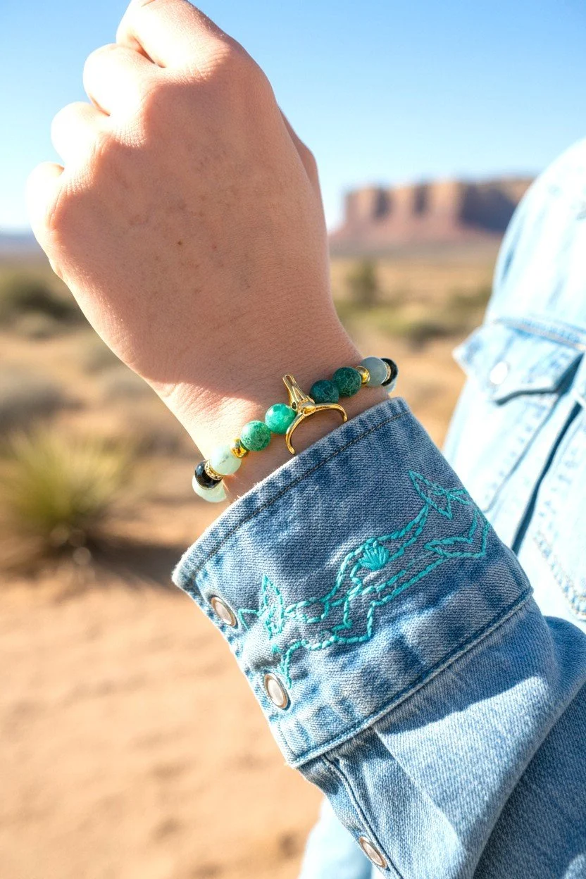 woman wearing a gold bull skull western bracelet with green and light blue gemstone beads (Copy)