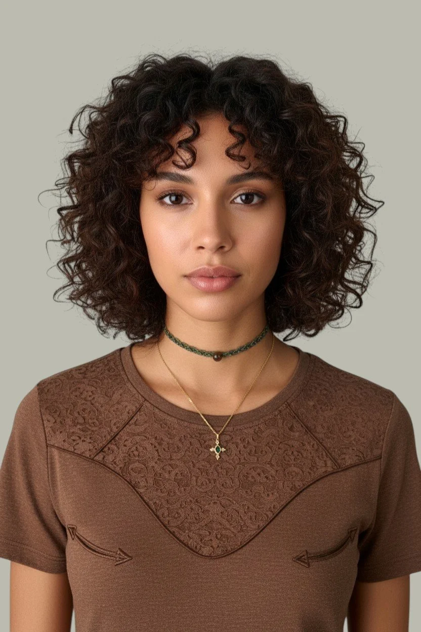 dark curly haired model wearing horse eye African jade necklace on gold stainless steel chain layered with tiger eye macrame choker and brown western-inspired t-shirt