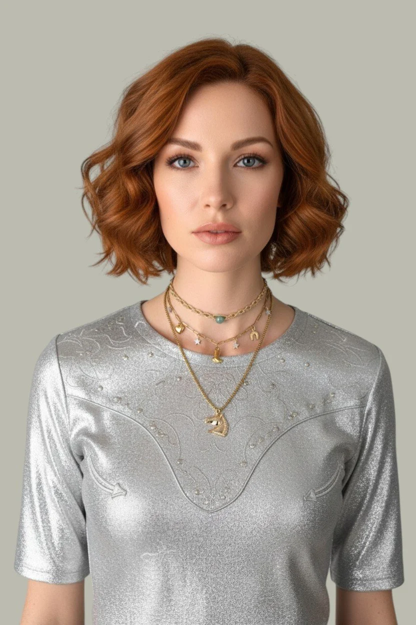 Red-haired model wearing rhinestone horse necklace on gold stainless steel chain with aventurine macrame choker and cowboy boot charm necklace with silver western t-shirt