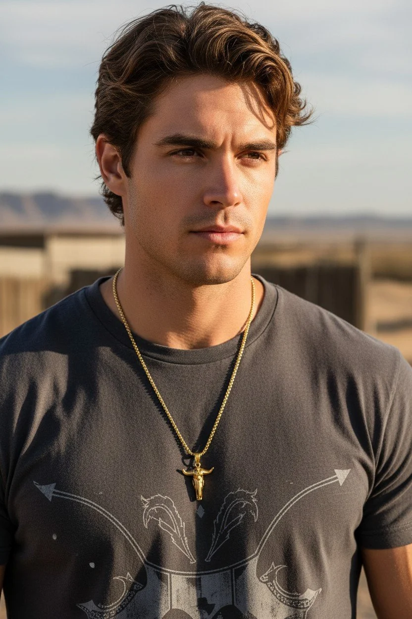 men's bull skull gold stainless steel necklace worn on a male model with a charcoal western t-shirt