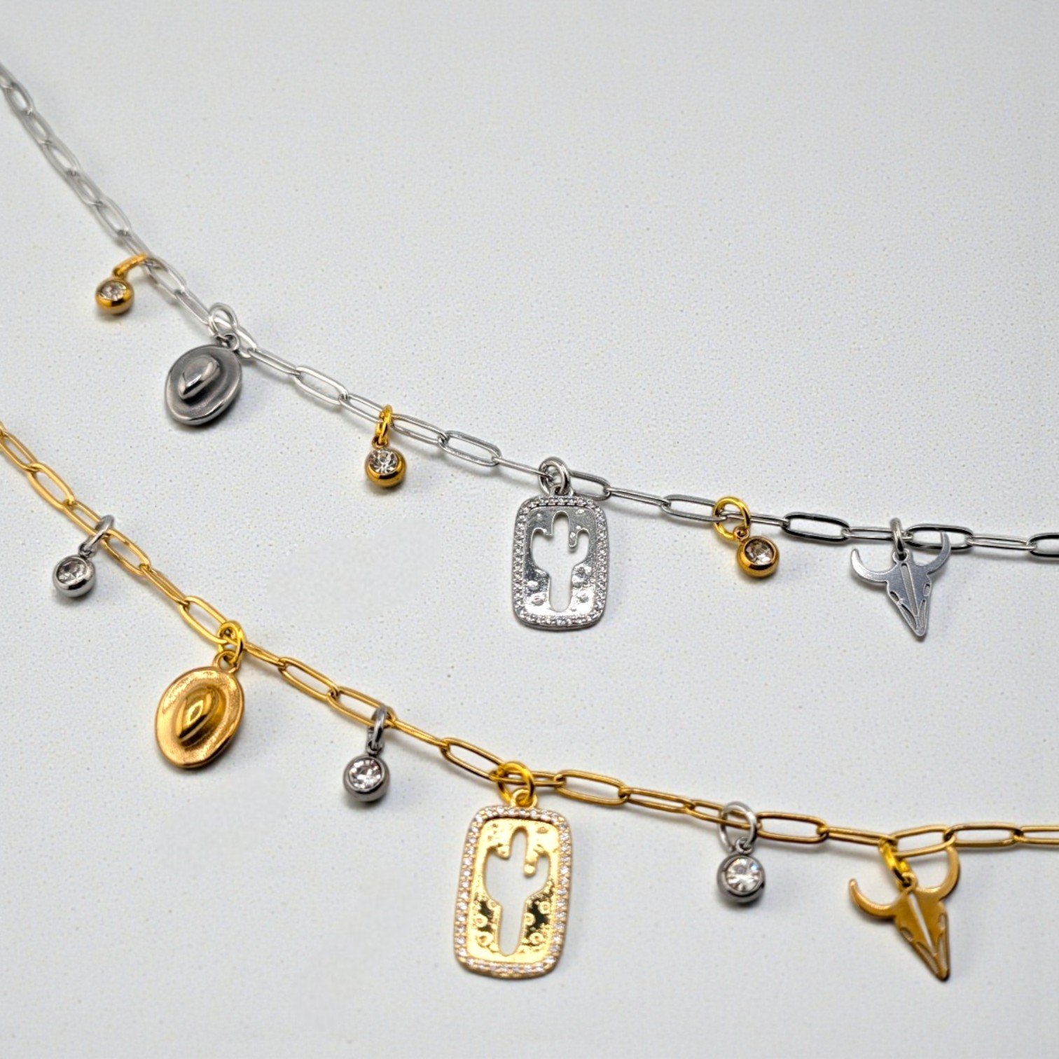 Cactus & Bull Skull Charm Necklace - Gold or Silver