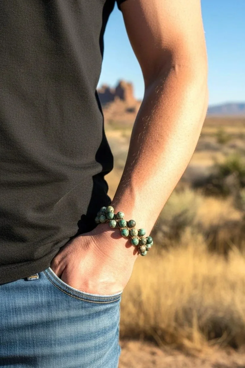 men wearing a hand woven african turquoise macramé bracelet (Copy)