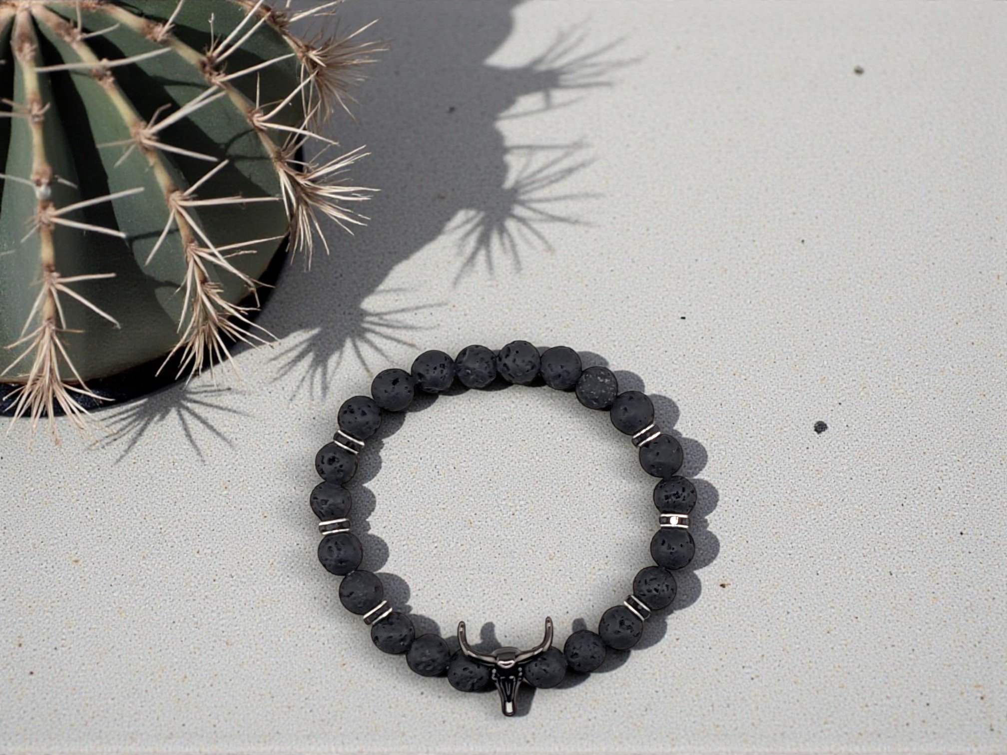 black bull skull beaded bracelet with lava stone and black rhinestone spacers