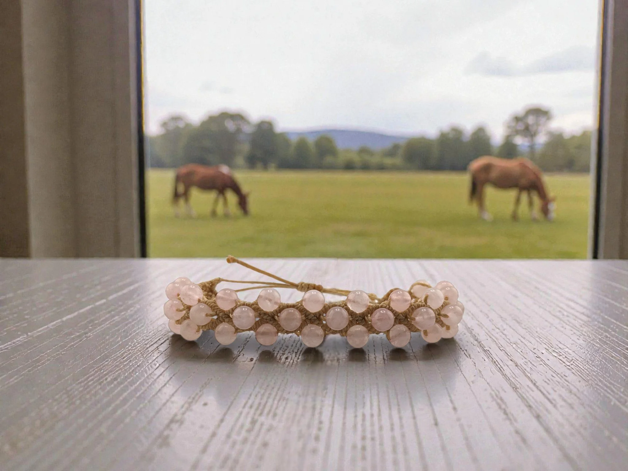 Macramé rose quartz bracelet on a table