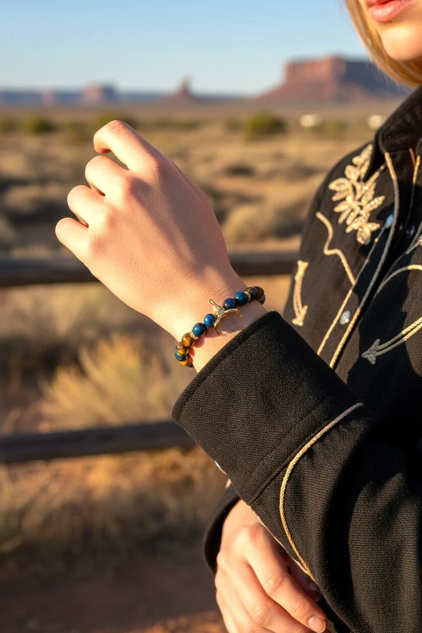 woman wearing a turquoise tiger eye western gold bull skull beaded gemstone bracelet