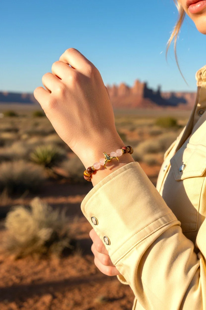 cowgirl wearing a gold bull skull rose quartz and gold tiger eye western bracelet