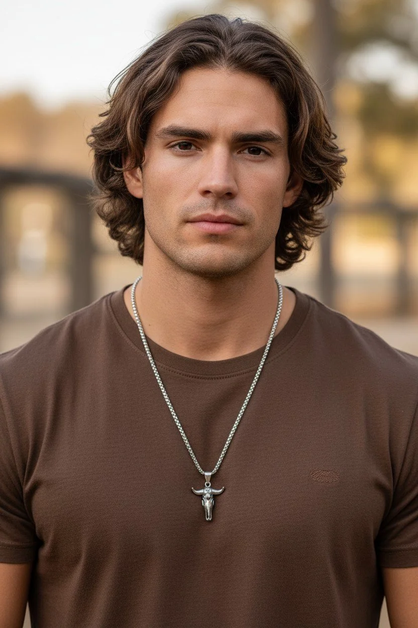 men's bull skull silver stainless steel necklace worn on a male model wearing a brown t-shirt