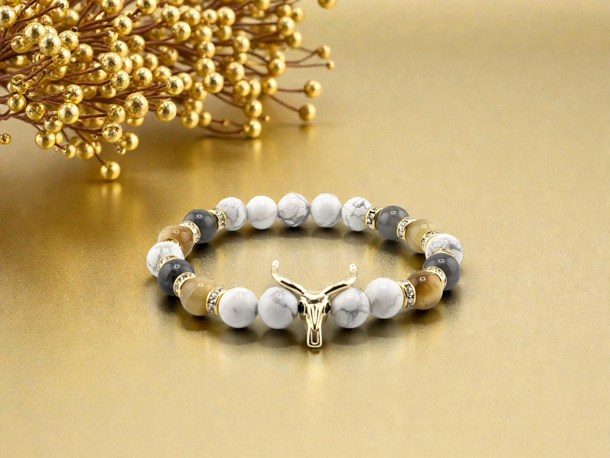 Bull Skull Alabaster Sands Howlite & Gold Tiger Eye Bracelet