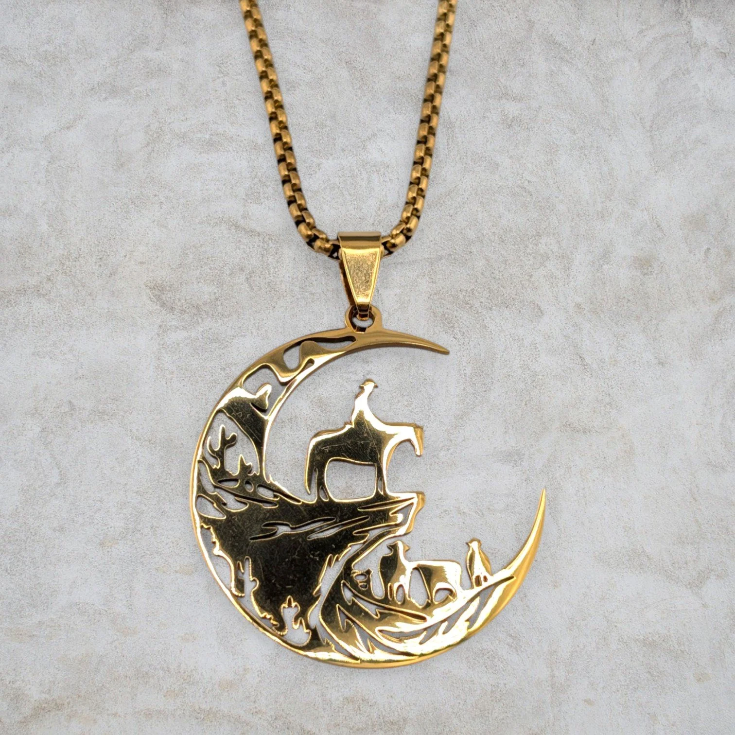 Men's Western Cowboy Moon Stainless Steel Necklace - Gold