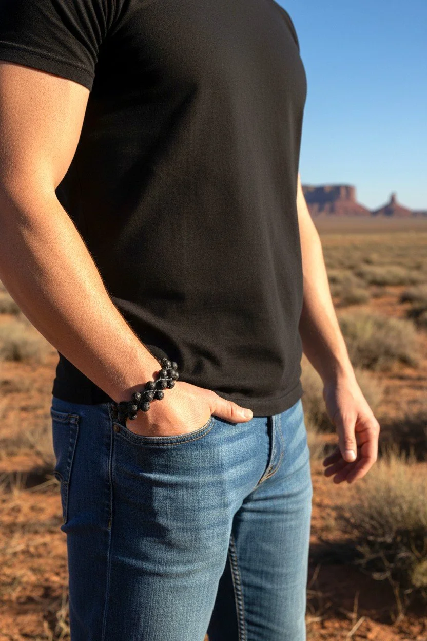 Men with hand in pocket wearing a hand woven lava bracelet