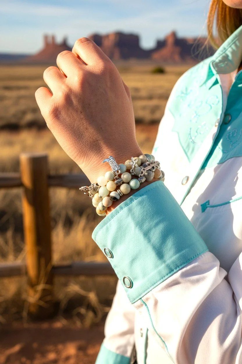 woman wearing a stack of amazonite western beaded charm bracelets