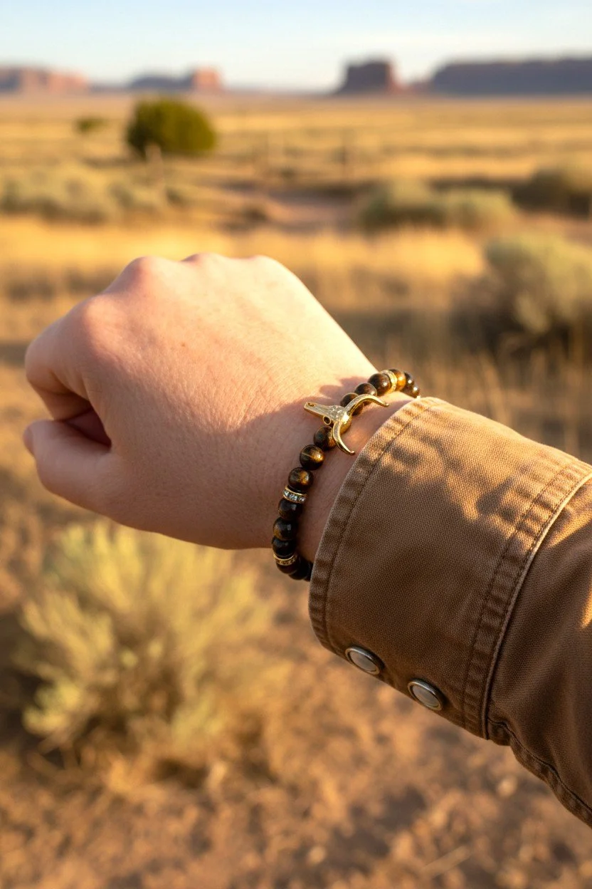 woman wearing a bull skull tiger eye beaded western bracelet