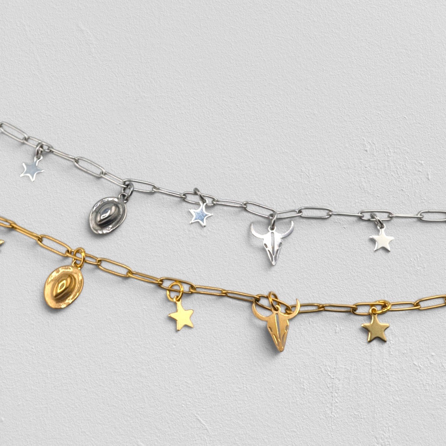 Bull Skull & Cowboy Hat Stainless Steel Charm Bracelet - Gold or Silver