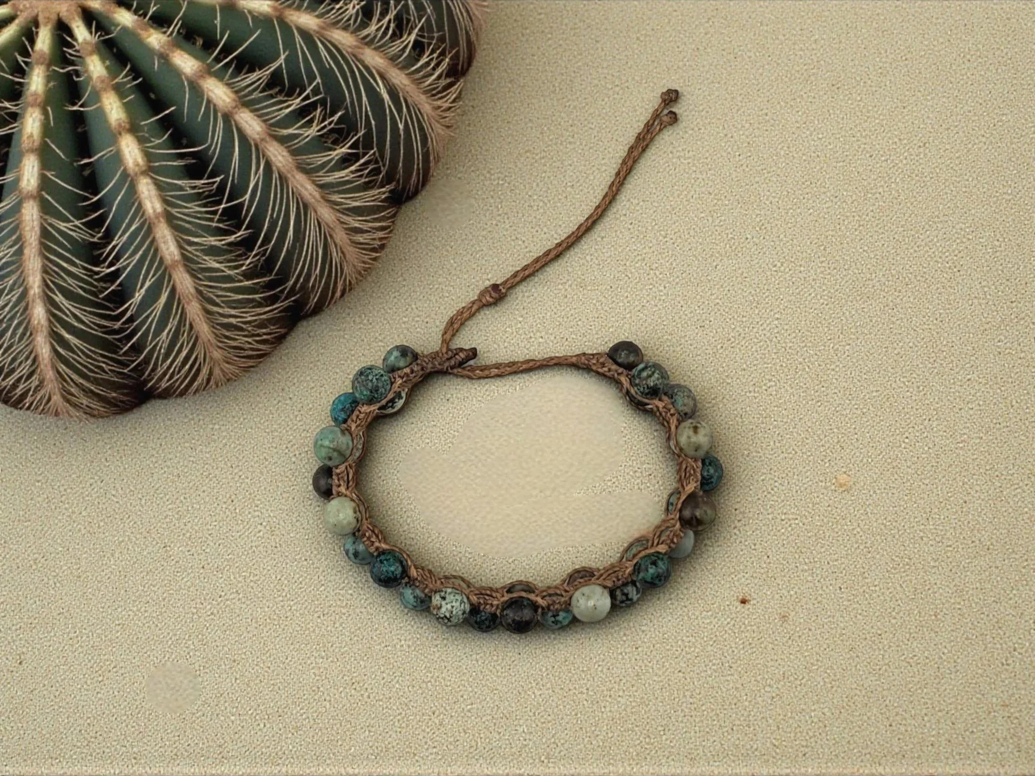 o view of an adjustable macramé african turquoise beaded bracelet (Copy)