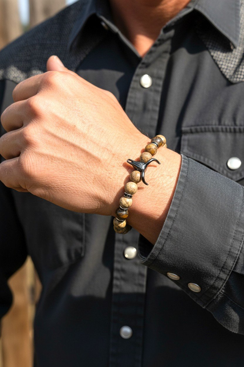 mens bull skull western beaded bracelet with picture jasper and tiger eye