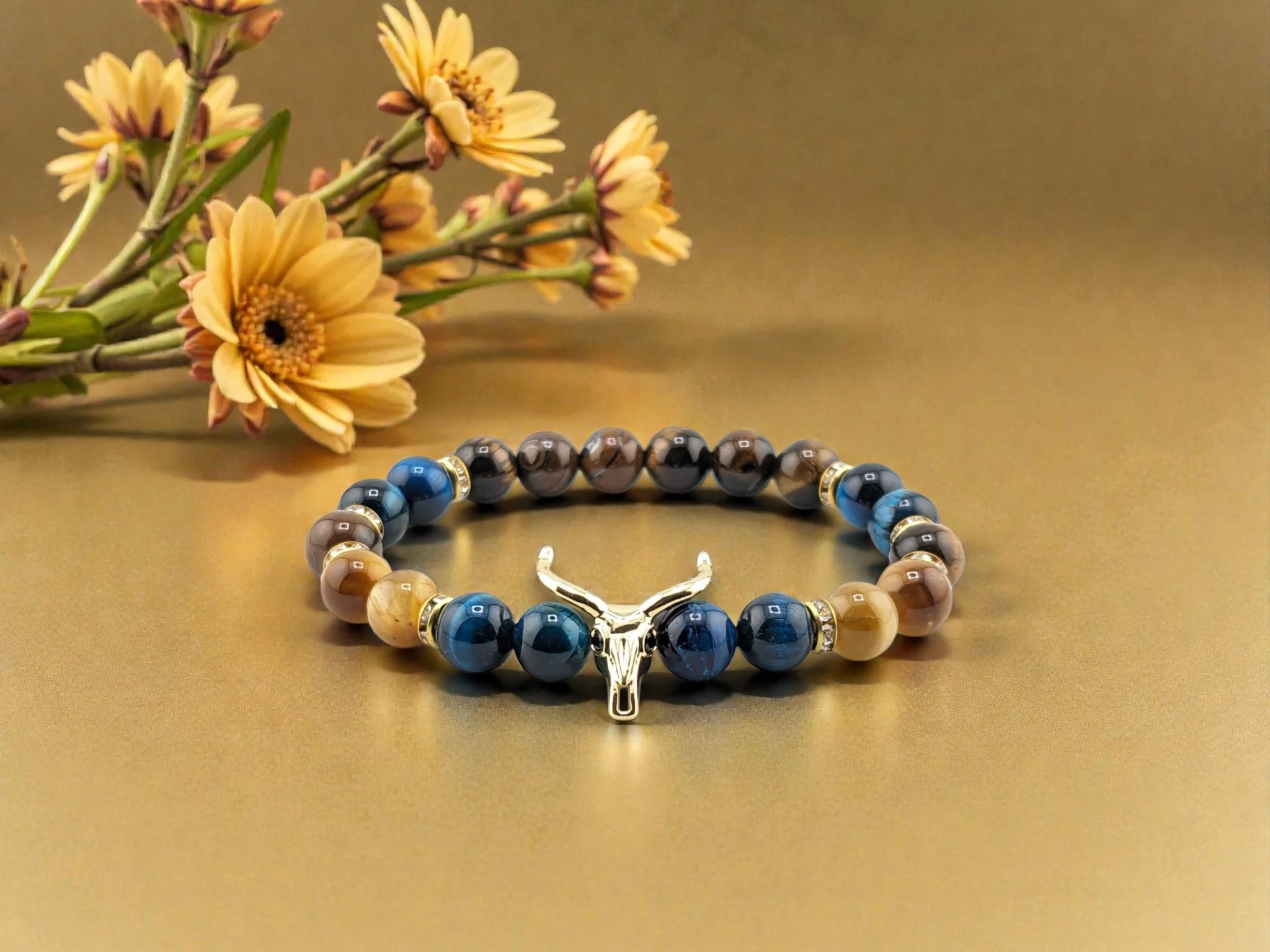 Bull Skull Painted Canyon Tri-Color Tiger Eye Bracelet