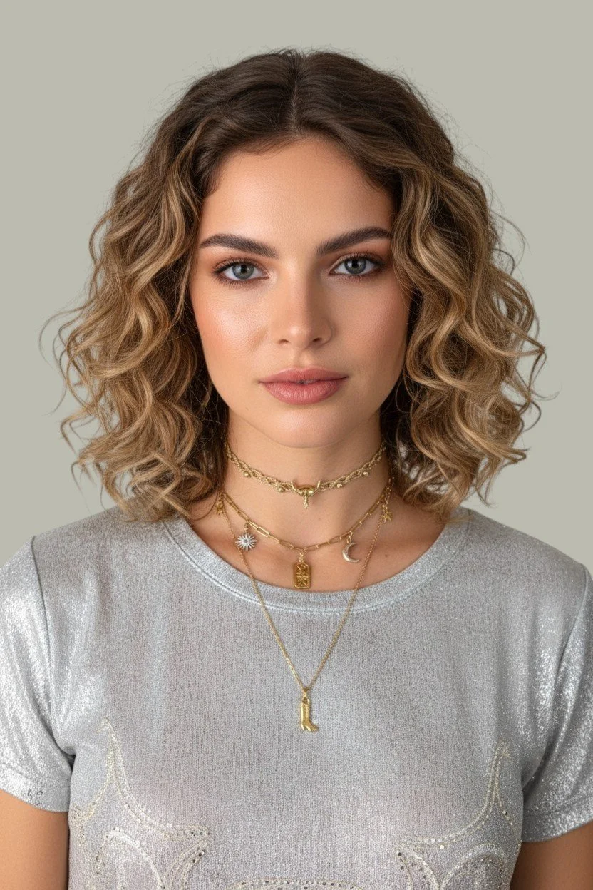 model wearing layered gold stainless steel cowboy boot necklace with bull skull choker and celestial charm necklace, western styling