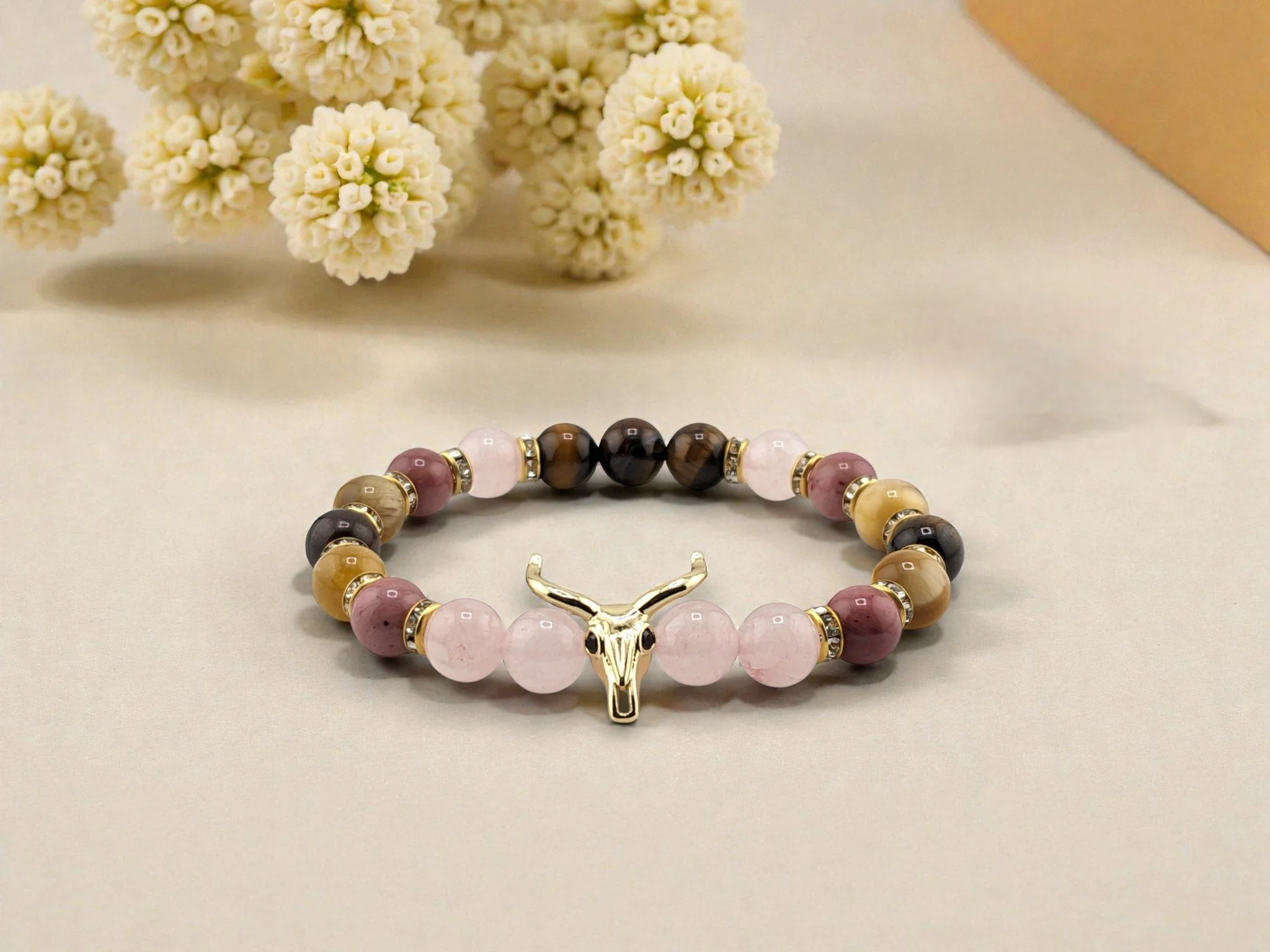 Bull Skull Desert Bloom, Rhodonite, Rose Quartz & Tiger Eye Bracelet