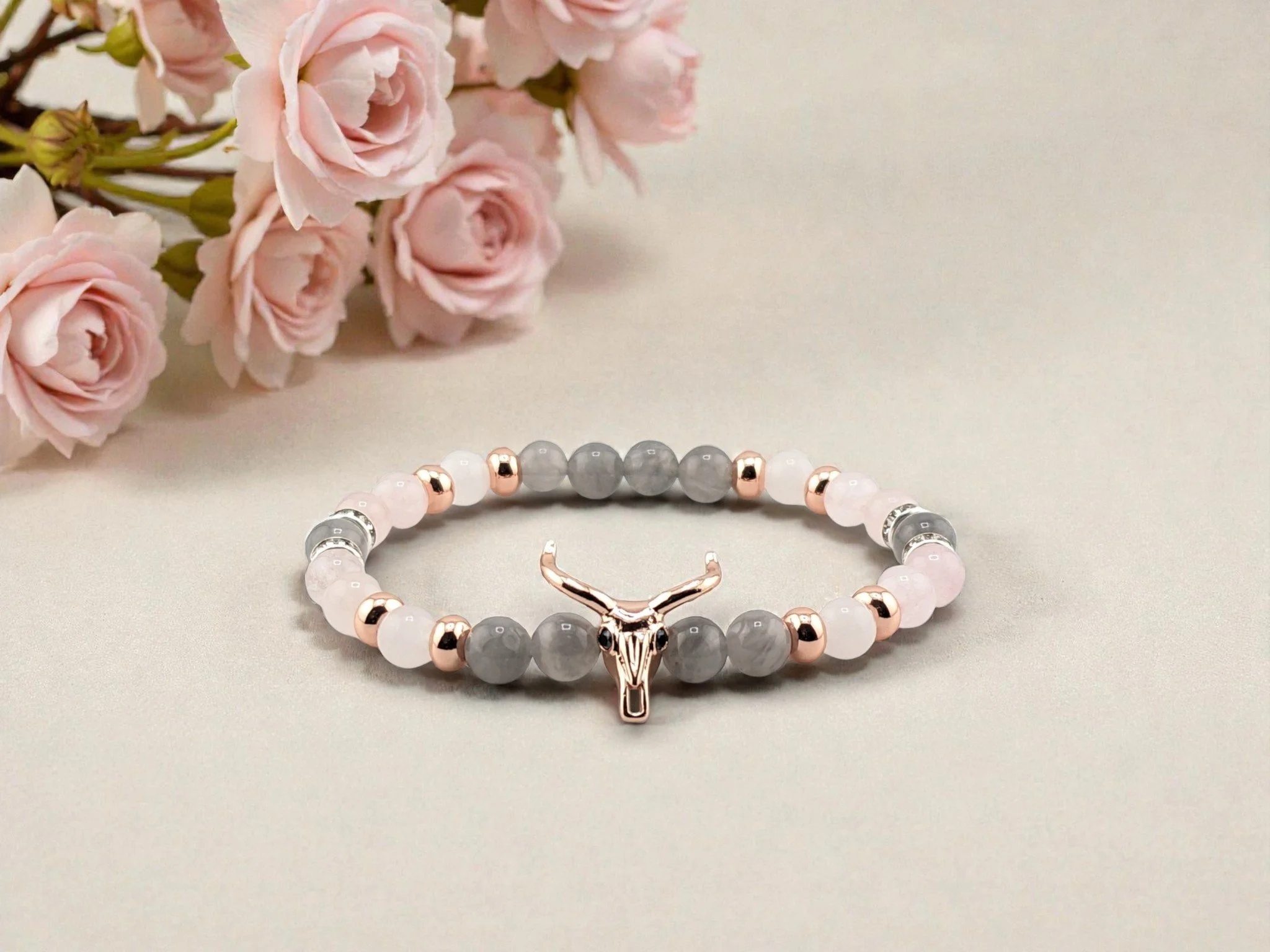 Bull Skull Desert Twilight Rose Quartz & Cloudy Quartz Bracelet
