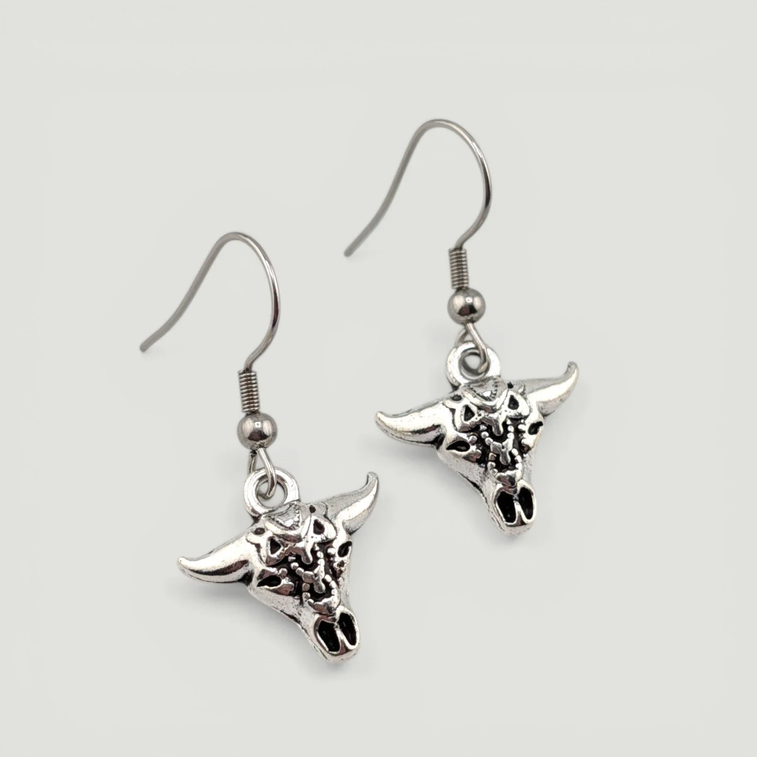 Bull Skull Drop Earrings - Silver