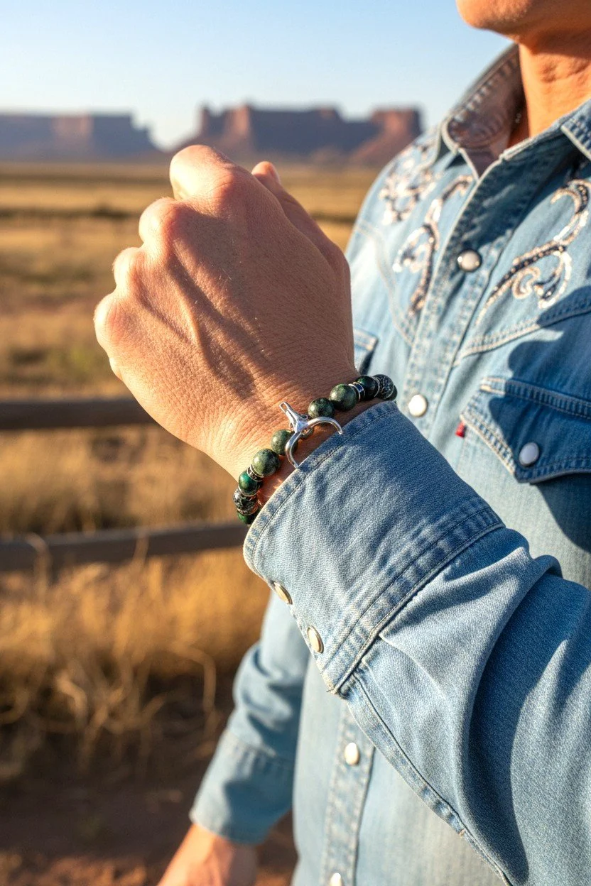 men wearing silver bull skull beaded bracelet with african turquoise and black onyx