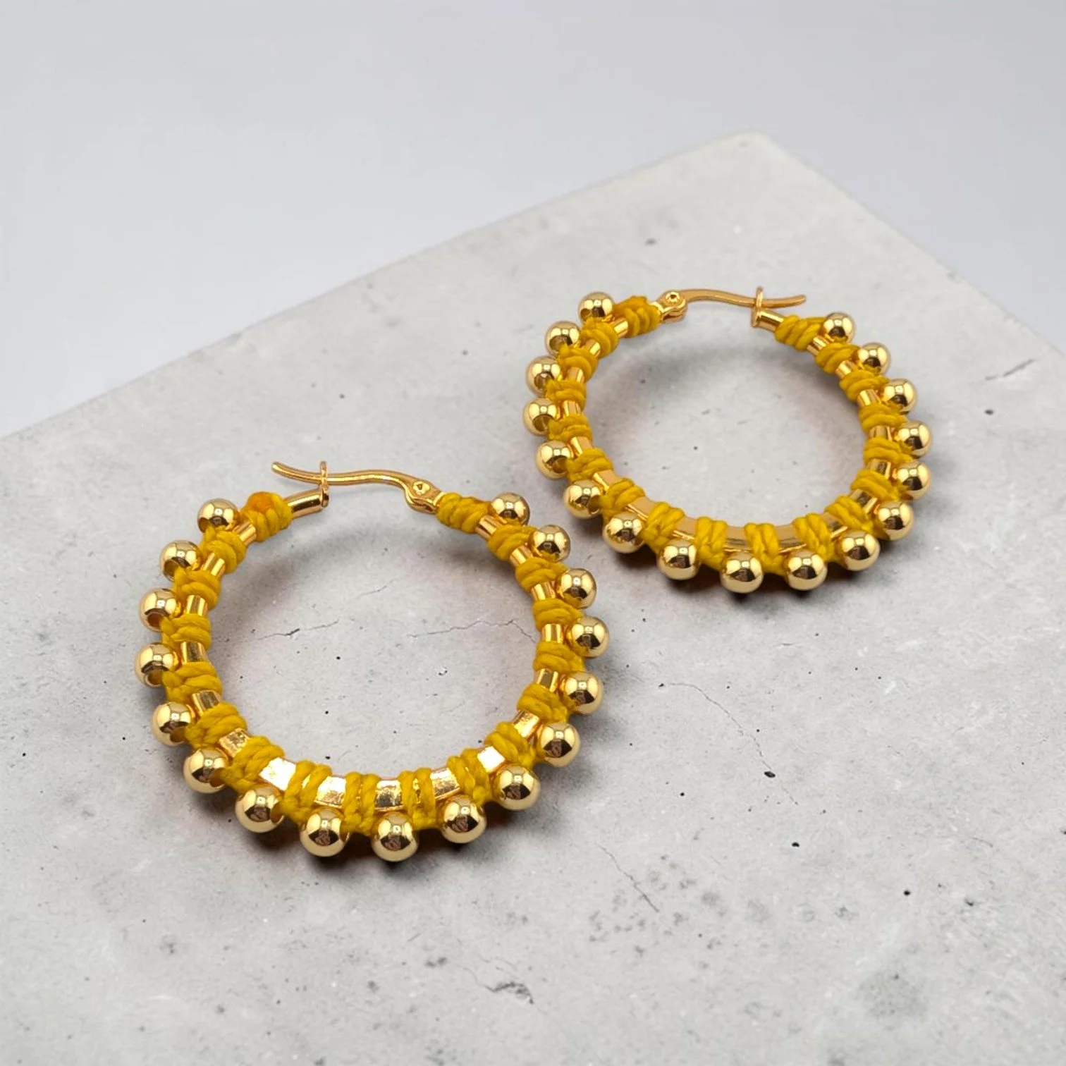 Sunflower Yellow Beaded Hoop Earrings - Gold