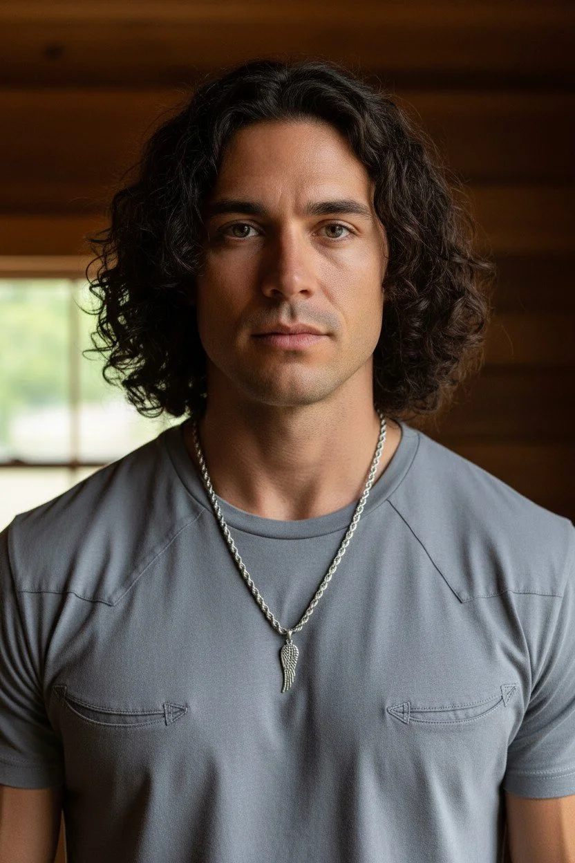 men's wing stainless steel necklace worn on male model with dark curly hair and gray western t-shirt