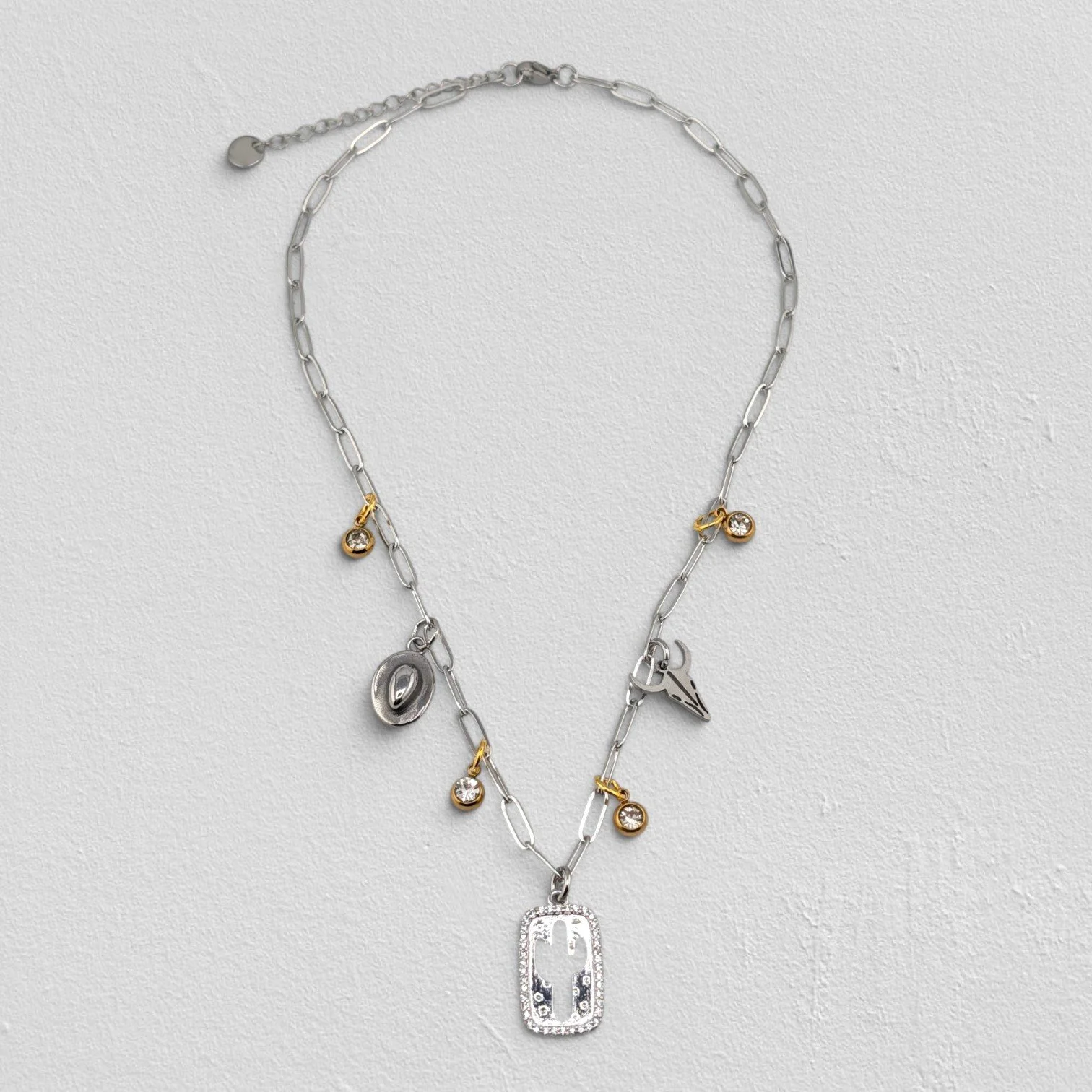 cactus and bull skull silver paperclip charm necklace full view flat lay