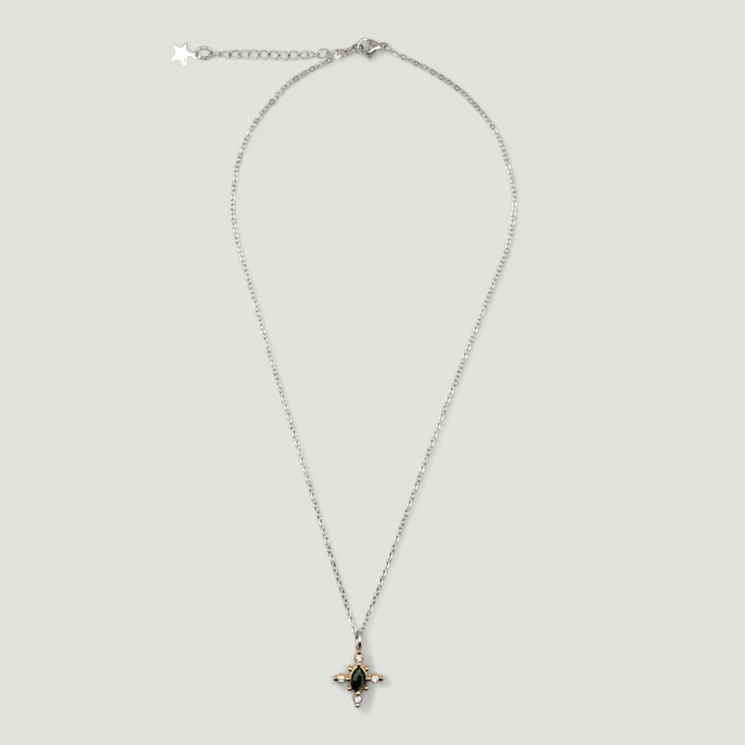 Horse eye African jade necklace on a silver stainless steel chain, full view flat lay