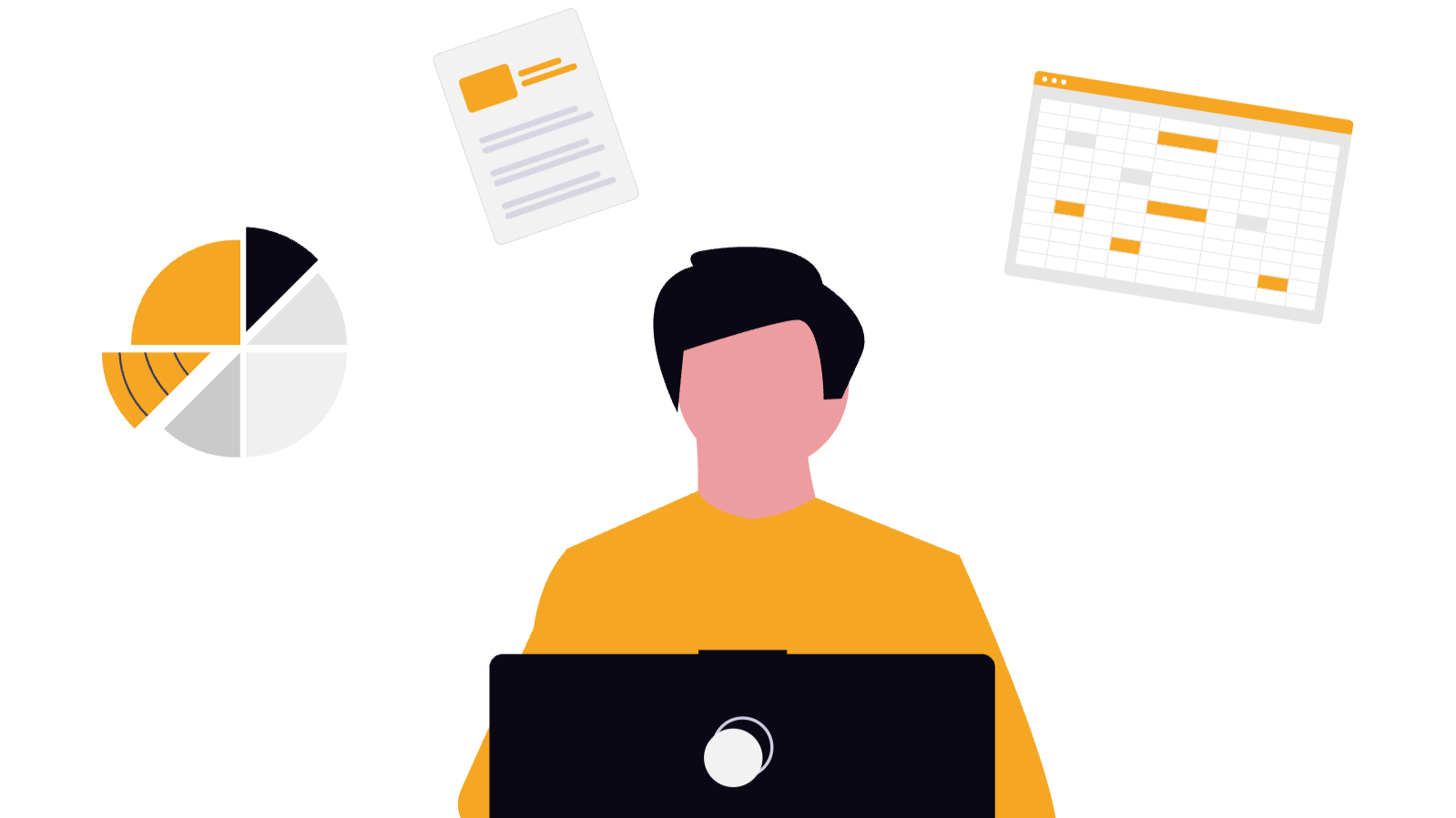 A person working on a laptop with infographics and a calendar around them, including a pie chart, a tablet displaying a profile, and a schedule or Gantt chart.