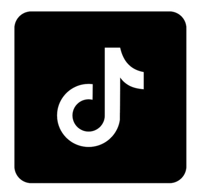 TikTok logo in black and white with a black background and a white musical note icon.