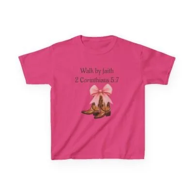 Girls Tee — "Walk by faith 2 Corinthians 5:7" Cowboy Boots with Pink Bow
