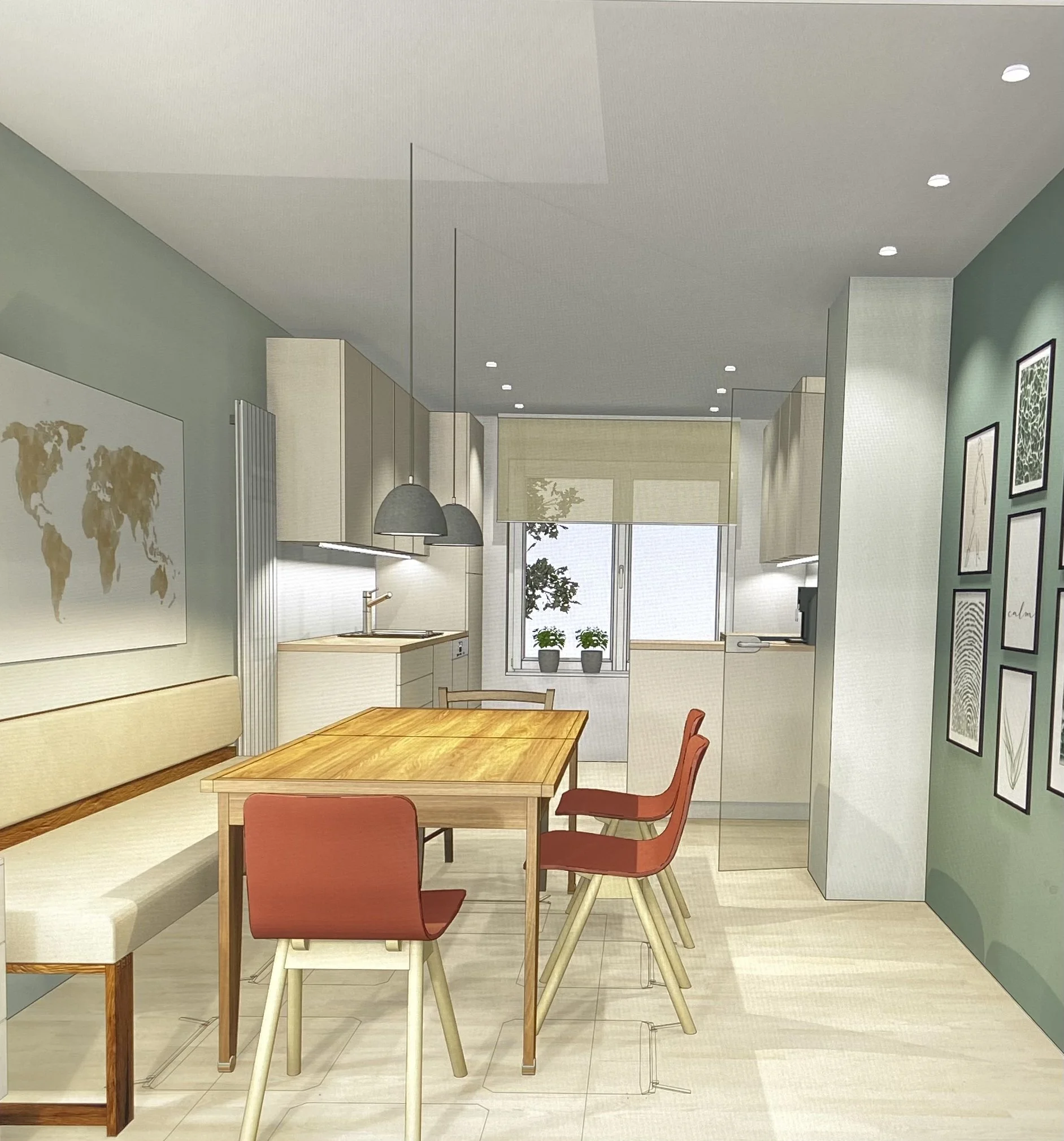 Moderner Essbereich mit Holztisch, roten Stühlen, Wanddeko und Blick auf die Küche mit Fenster und Pflanzen