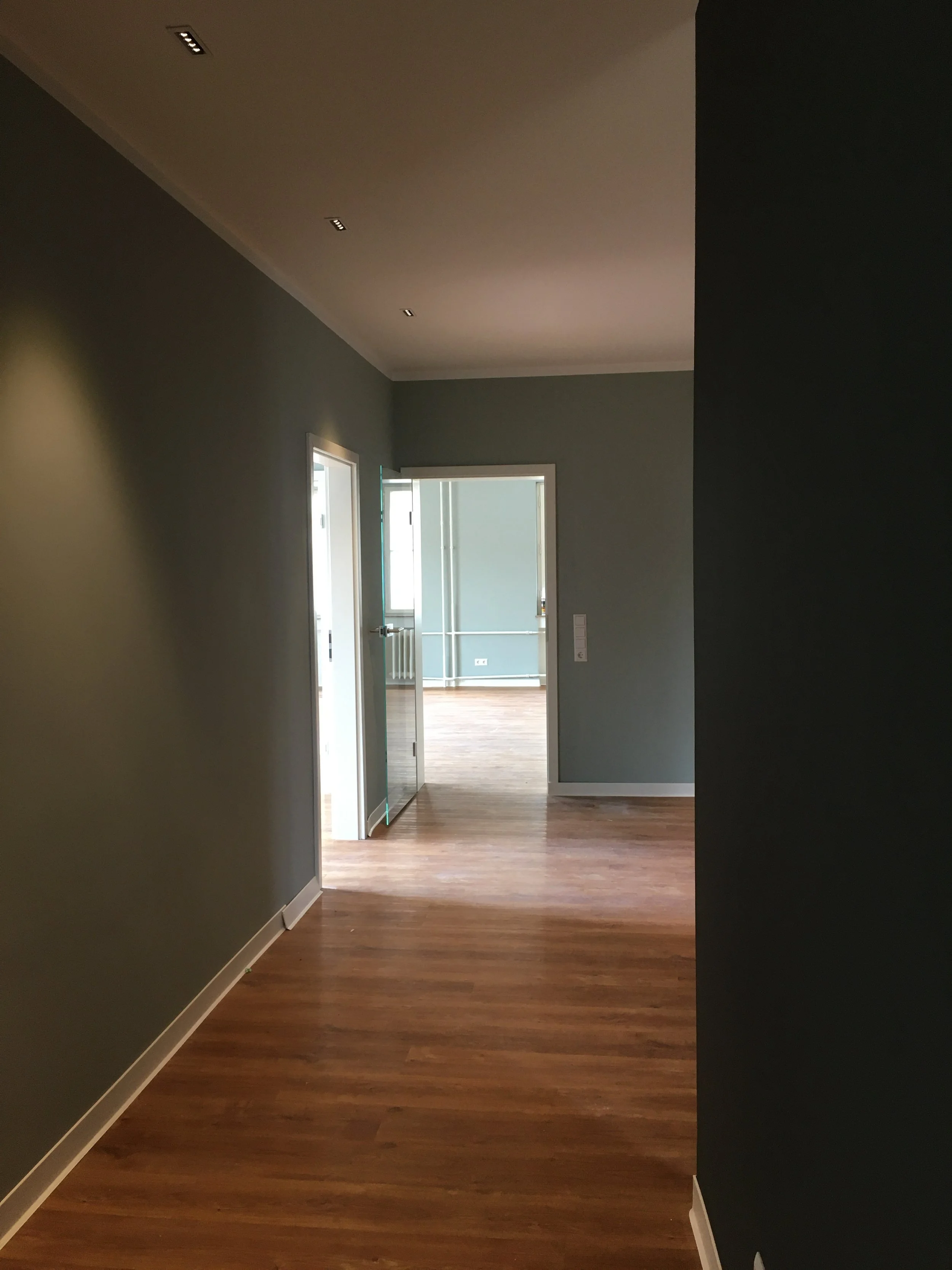 Ein leerer Flur in einer modernen Wohnung mit dunkelgrauen Wänden, Holzfußboden und offenen Türen zu anderen Räumen.