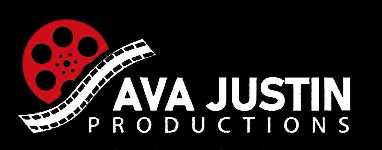 Logo for AVA Justin Productions with a red film reel, a strip of film, and text