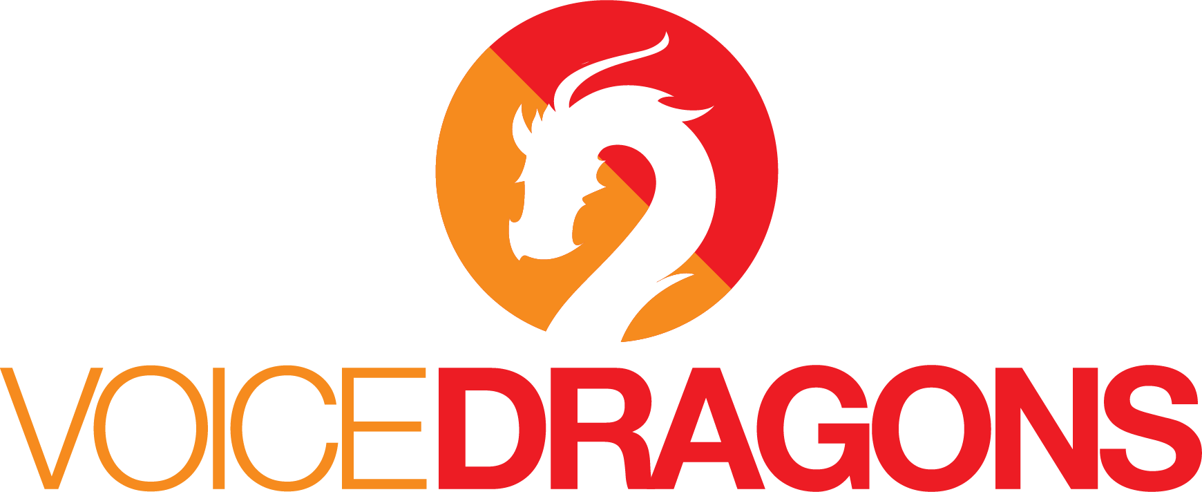 Logo for Voice Dragons featuring a circular emblem with a black dragon silhouette against a red and orange background, and the text 'VOICE DRAGONS' below in orange and red.