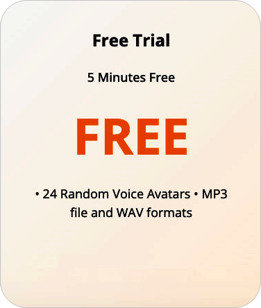 Promotional image offering a free trial with 5 minutes free, featuring 24 random voice avatars available in MP3 and WAV formats.