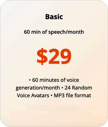 Pricing plan labeled "Basic" for $29 offering 60 minutes of speech generation per month, 24 random voice avatars, and MP3 file format.
