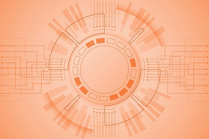 Abstract orange technology background with circular digital design elements and circuit lines.