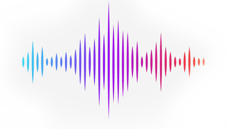Colorful sound wave illustration with gradients from blue to red on a light gray background.