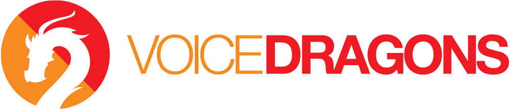 Logo featuring a stylized dragon head in an orange and red circle next to the text "VOICE DRAGONS."