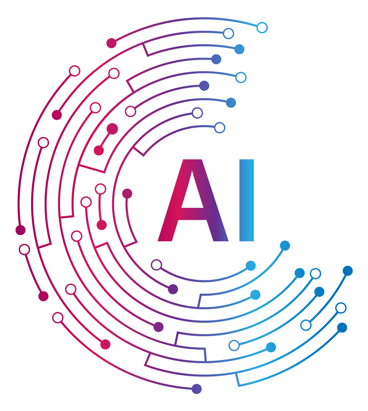 Colorful AI logo with digital circuit design on black background