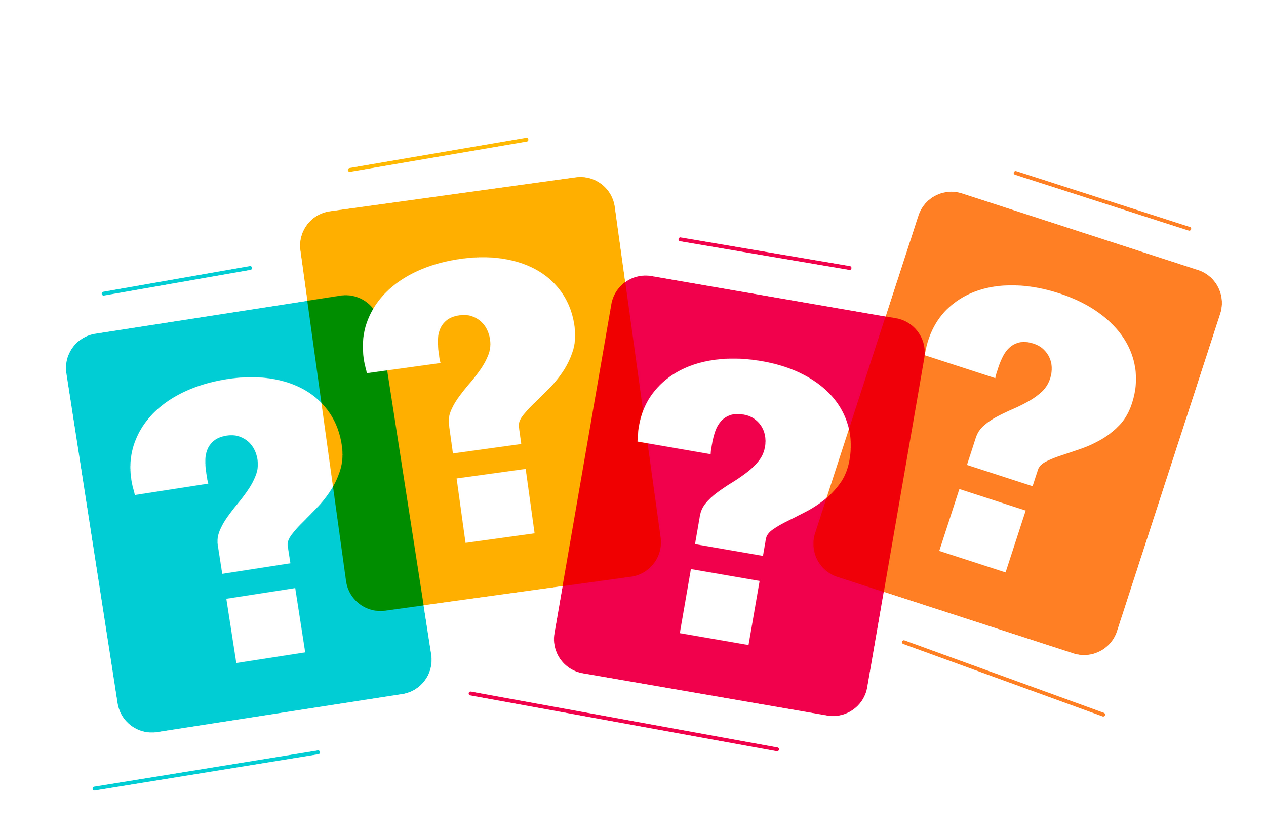 Colorful boxes with question marks on them, overlapping each other in a dynamic layout.